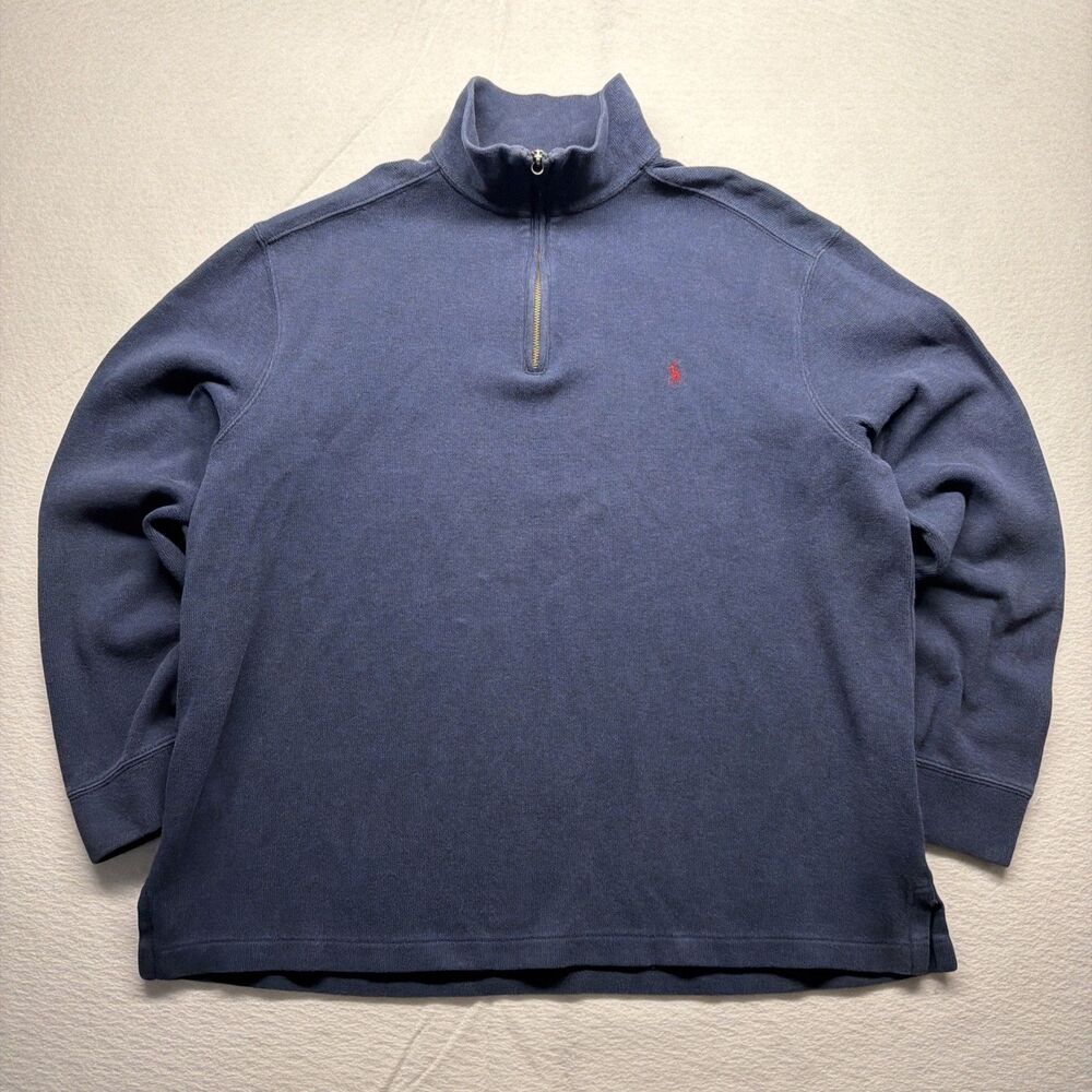 Vintage 90s Polo Ralph Lauren 1/4 Zip Blue Pullover Sweater Red Pony USA Men’s L